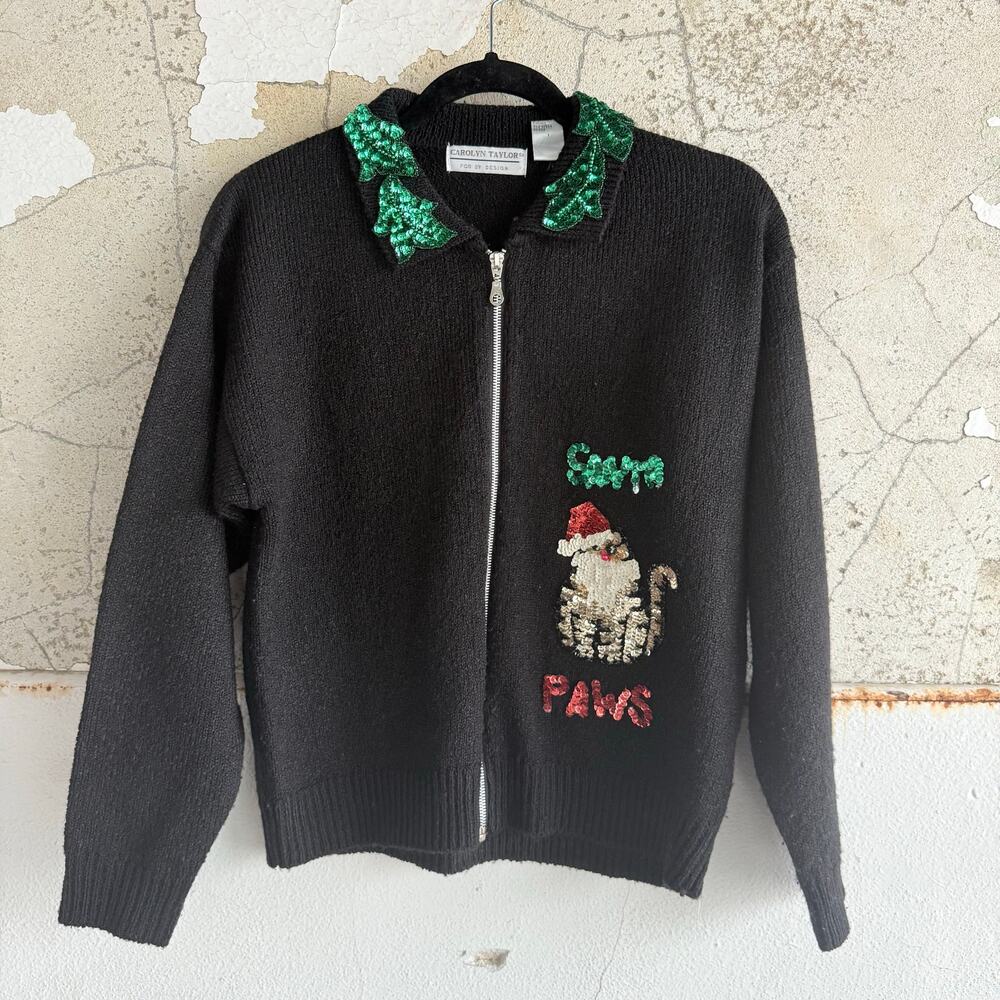 Vtg 90s Cat Christmas Sweater Santa Paws Holiday Sequin Zip Cardigan Womens M
